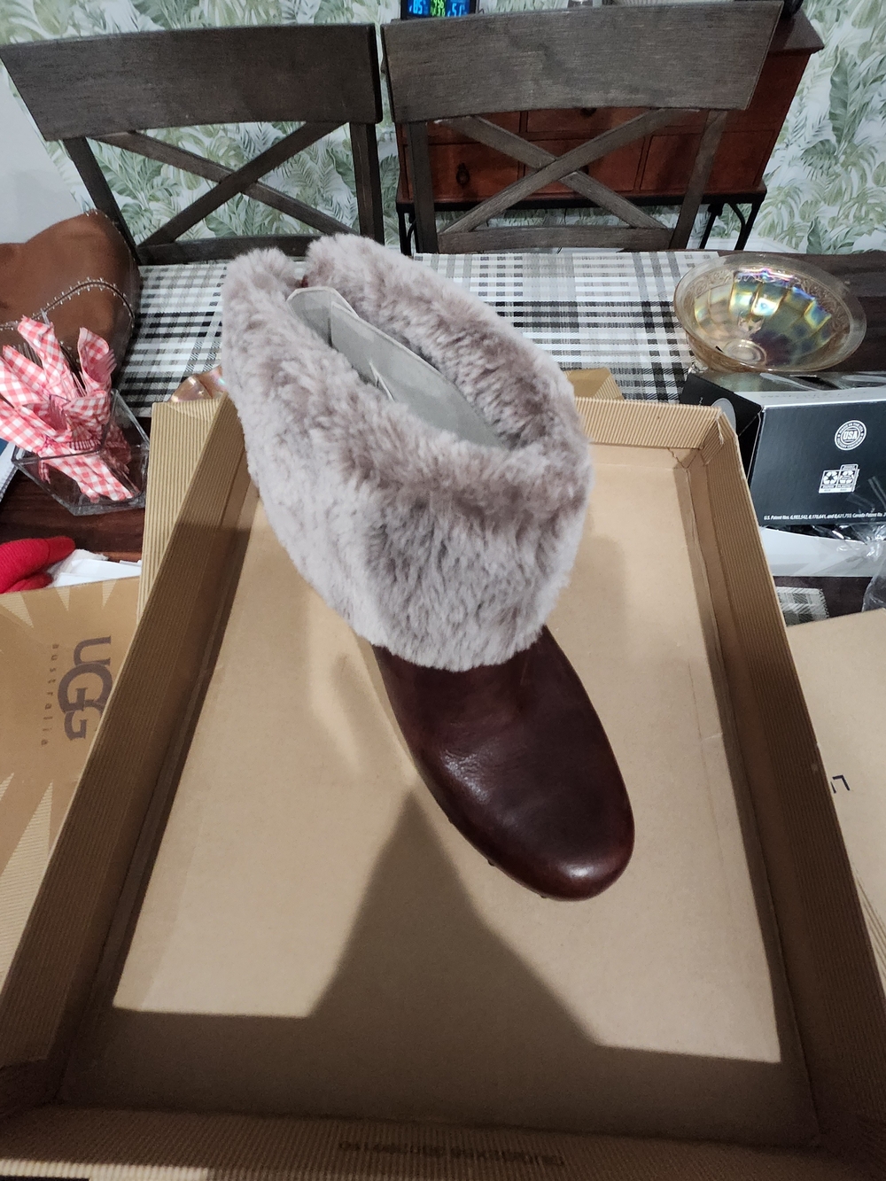 UGG Brown Leather Ankle Boot with Light Gray Faux-Fur Cuff